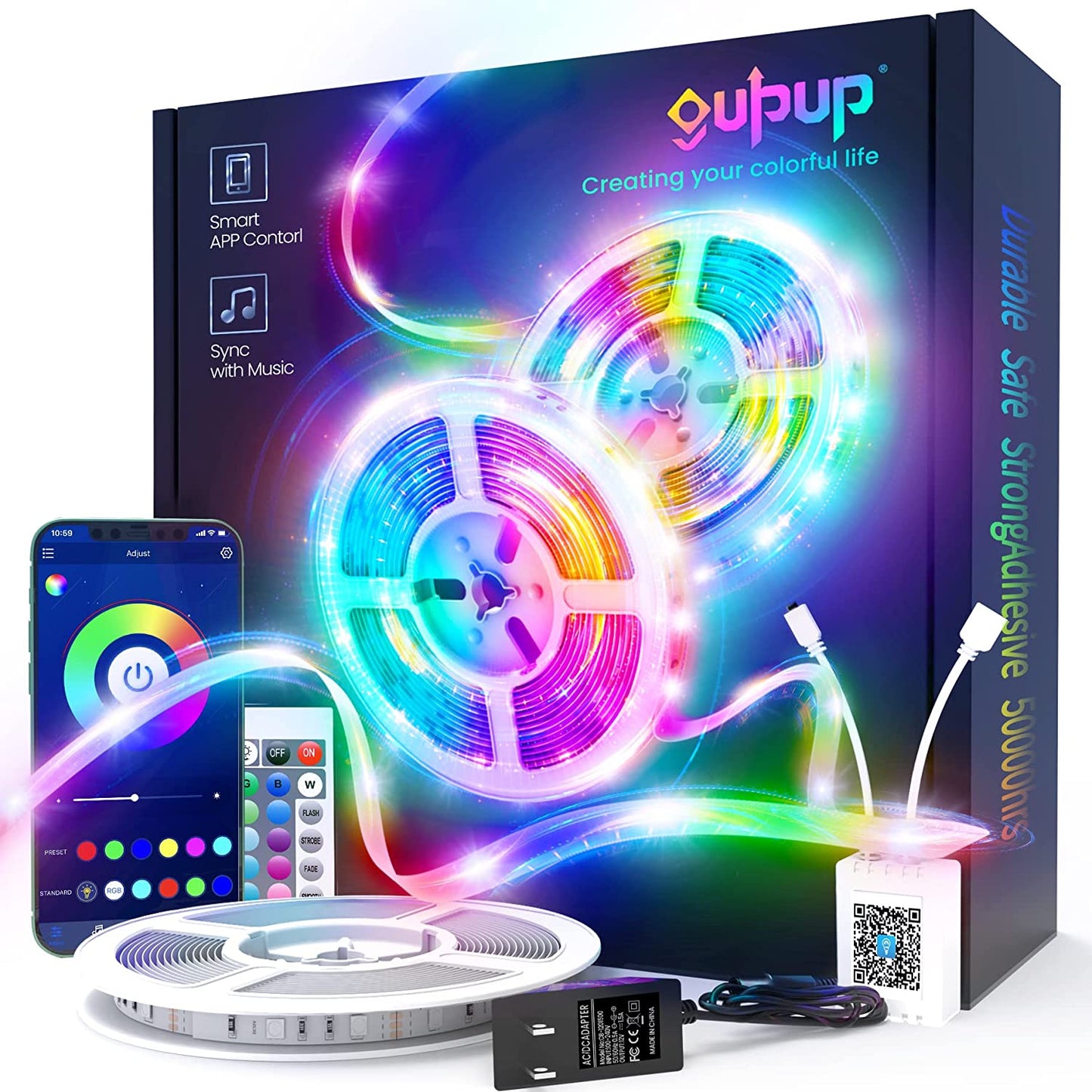 50 FT LED Strip Lights,Bluetooth LED Lighting for Bedroom, Color Changing Light Strip with Music Sync capability, Phone Controlled and IR Remote(App+Remote +Mic).