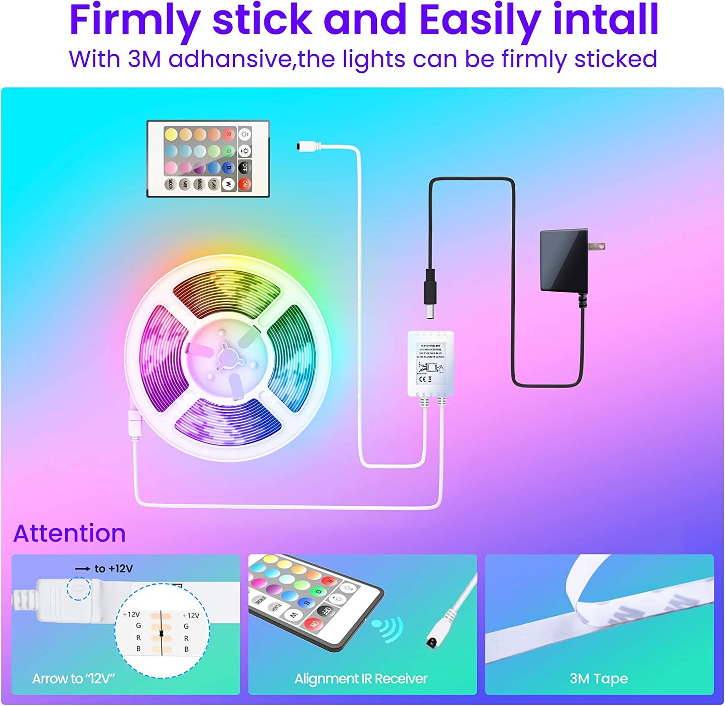 50 FT LED Strip Lights,Bluetooth LED Lighting for Bedroom, Color Changing Light Strip with Music Sync capability, Phone Controlled and IR Remote(App+Remote +Mic).