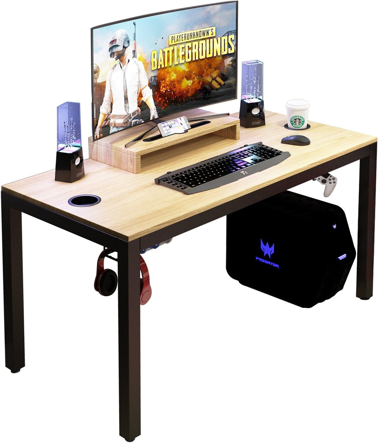 Gaming Computer Desk, 47 Inches Desk Gaming Table Workstation Desk with Display Stand and Cable Management and Headphone Holder, Teak BHUS-AC14BB