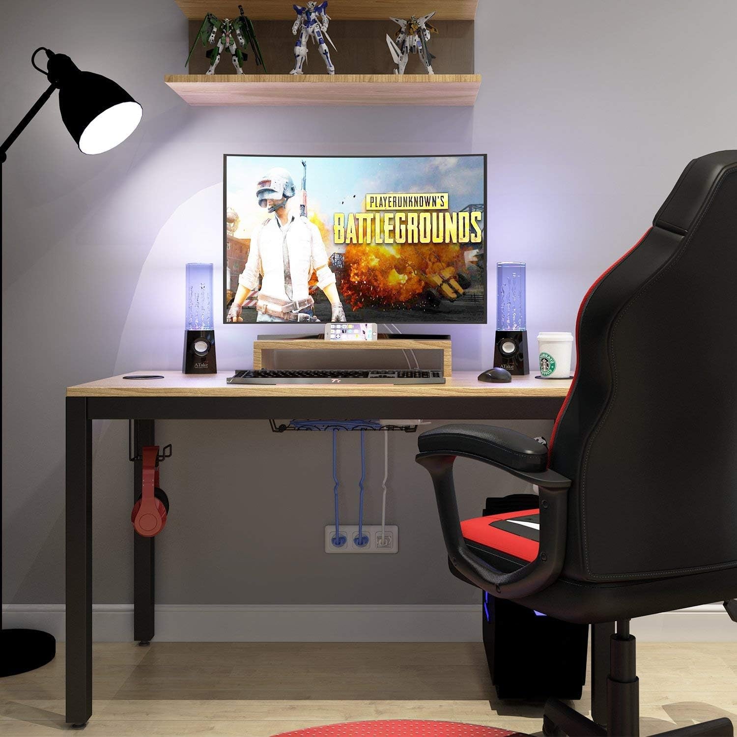 Gaming Computer Desk, 47 Inches Desk Gaming Table Workstation Desk with Display Stand and Cable Management and Headphone Holder, Teak BHUS-AC14BB